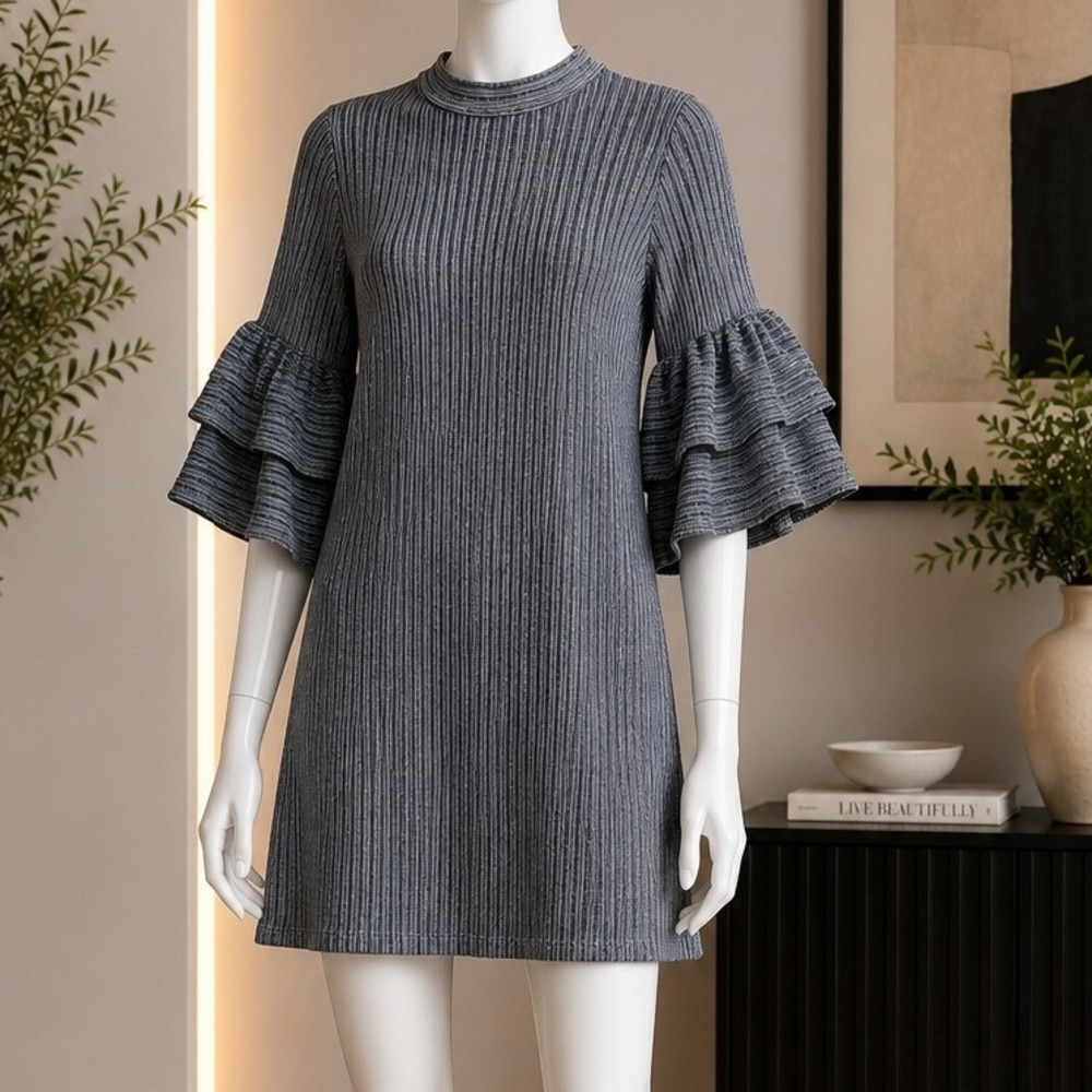 NITT by Flying Tomato Women Shift Dress Ruffle Bell Sleeve Mock Neck Gray Small
